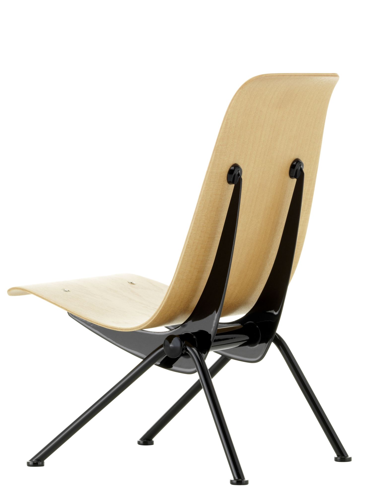 Ansicht des Antony Stuhls von Vitra, ein Designklassiker mit Holzschale und schwarzem Stahlgestell.