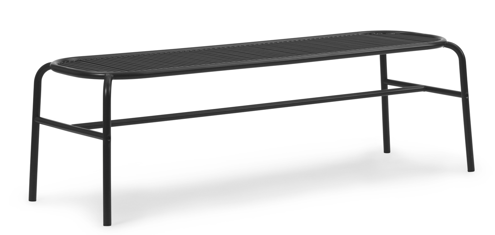 Schwarze Vig Bench Bank von Normann Copenhagen für den Außenbereich, modernes Design mit Lattenrost-Sitzfläche.