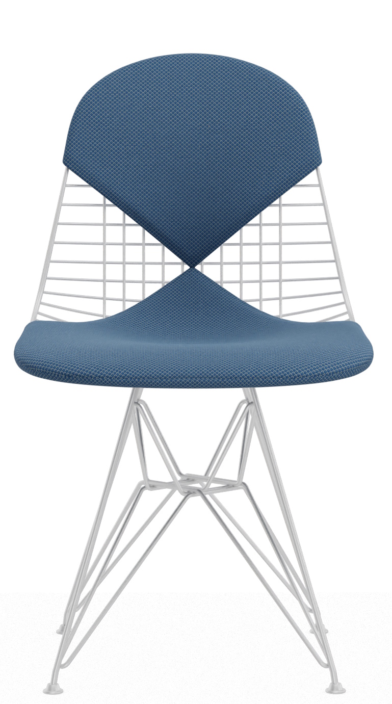 Vitra Wire Chair Bikini Outdoor mit blauem Sitzkissen und Rückenlehne, Drahtgestell und Stahlbeinen.