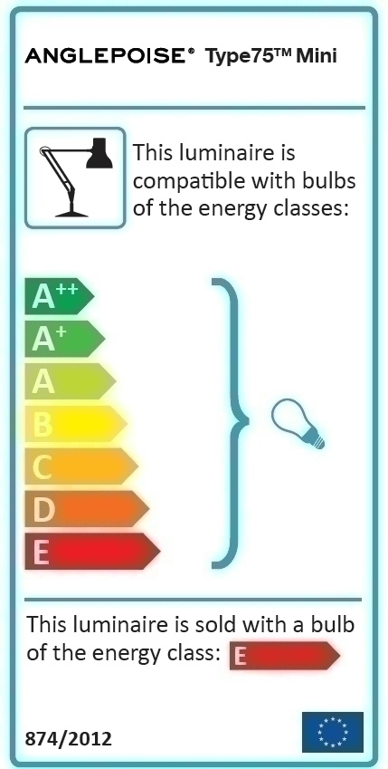 Energieeffizienzlabel der Anglepoise Type 75 Mini Tischleuchte, kompatibel mit Leuchtmitteln der Energieklassen A++ bis E.