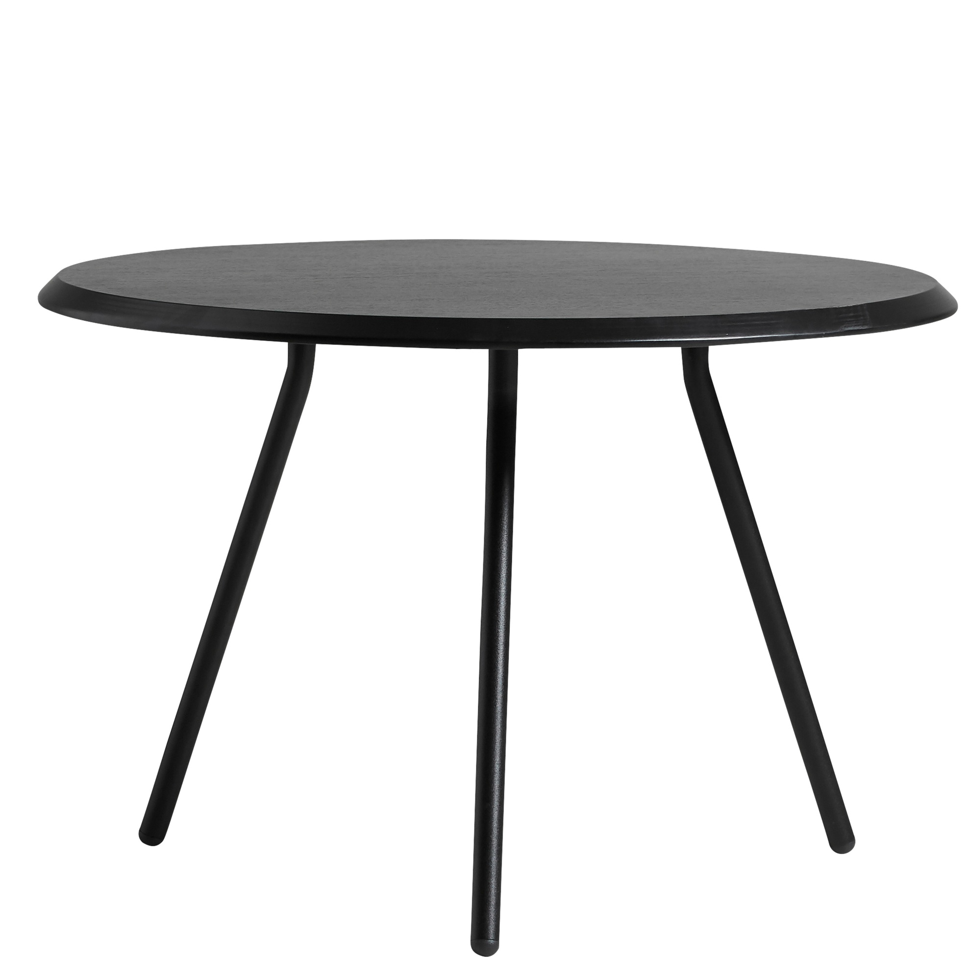 Schwarzer Soround Couchtisch von Woud, runder Tisch mit drei Beinen, modernes Design.