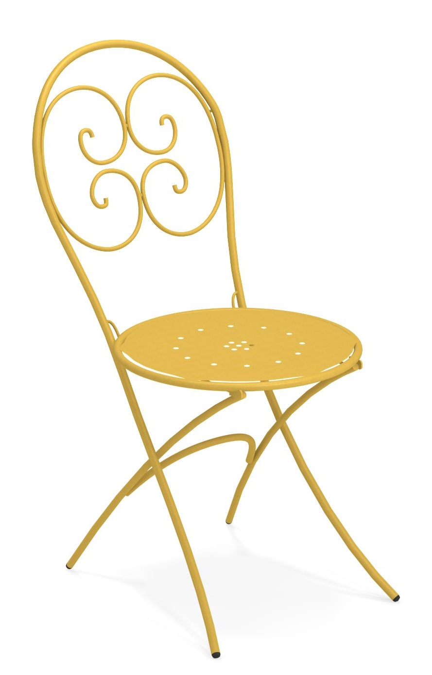 Gelber Pigalle Klappstuhl von Emu für den Außenbereich, Metallstuhl mit Lochmuster und geschwungenem Rückendesign.
