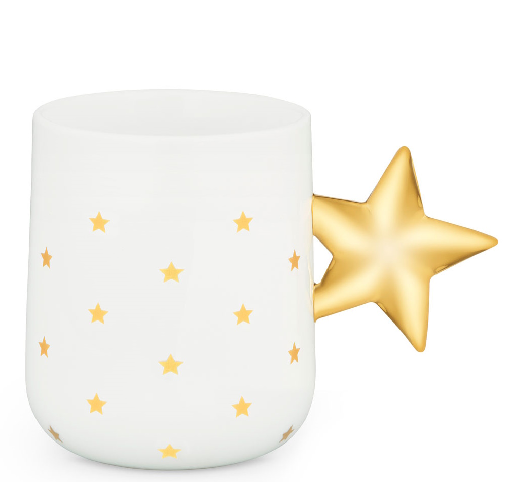 Alessi NZ01 Delight Mug Tasse: Weiße Keramiktasse mit goldenen Sternen und Sternförmigem Griff.