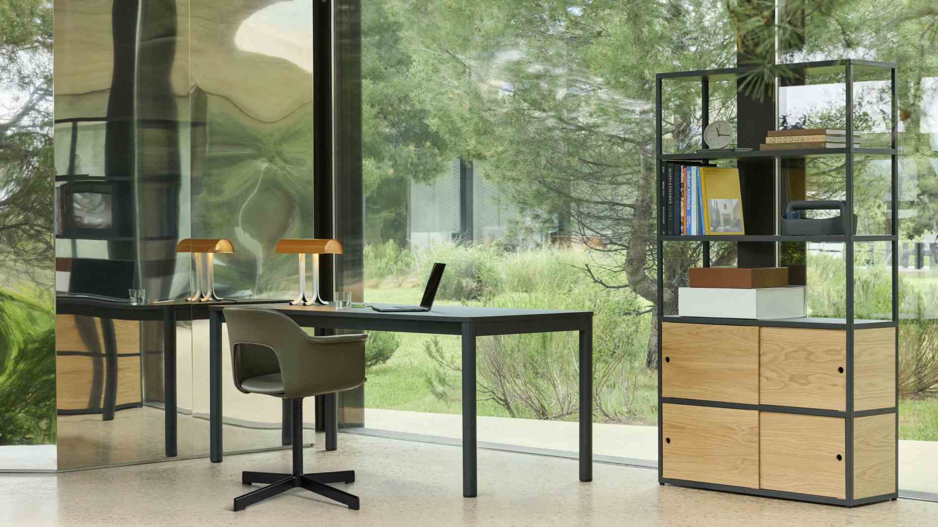 Annex Table Flush Esstisch von Hay in einem modernen Büro mit Stuhl und Regal.