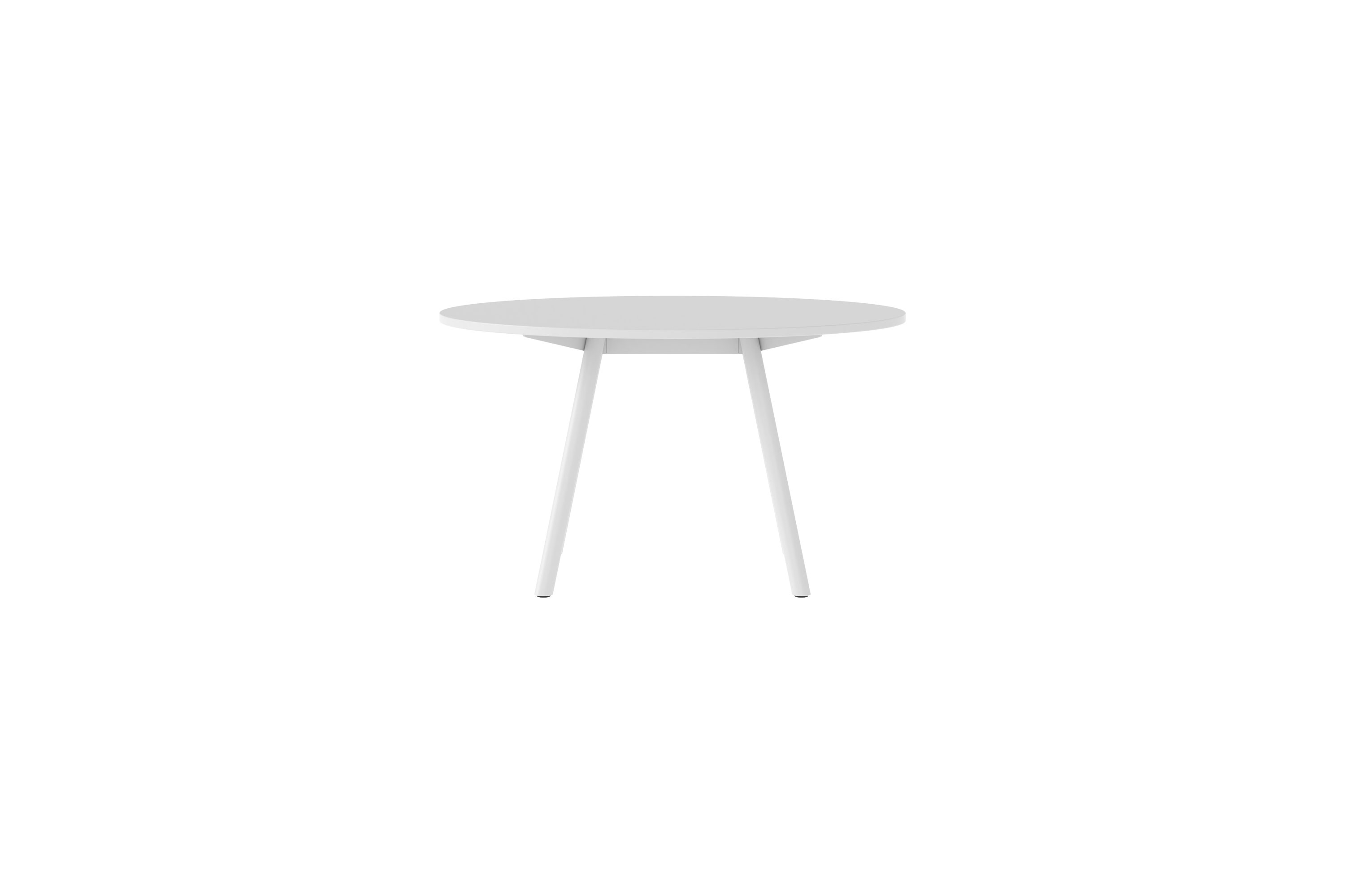 Weißer New Tendency Masa Tisch mit runder Tischplatte und drei Beinen, minimalistisches Design.