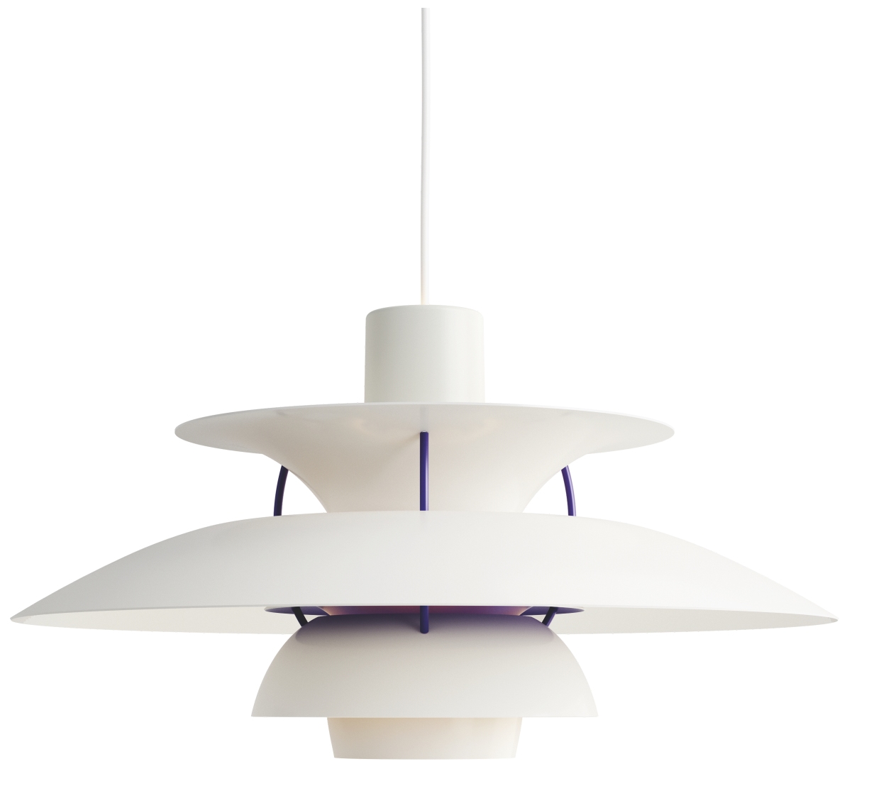 Weiße PH 5 Pendelleuchte von Louis Poulsen, modernes Design mit mehreren Lampenschirmen für indirektes Licht.