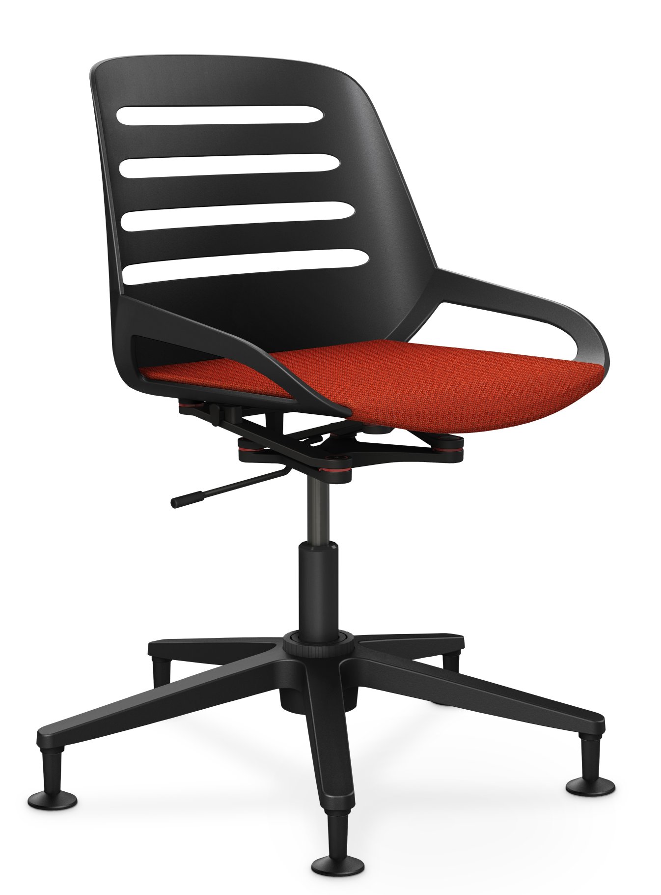 Numo Task Bürodrehstuhl von Aeris mit schwarzem Gestell und roter Sitzfläche, ergonomischer Bürostuhl für modernes Arbeiten.