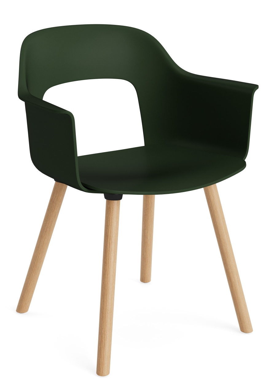 Layout Armchair 221 von Hay, grüner Armlehnstuhl mit Sitzschale und hellem Holzgestell, modernes Design für Esszimmer und Büro.