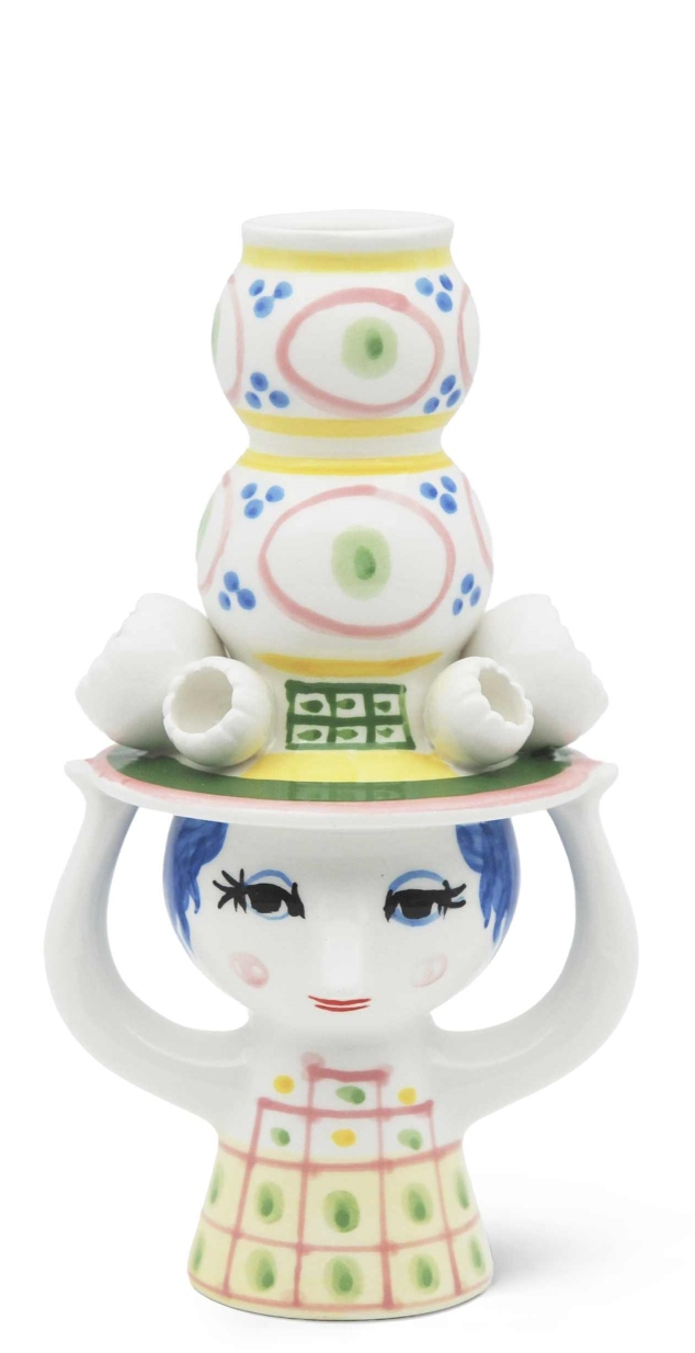 Kerzenständer "Lady with Hat" von Bjorn Wiinblad, dekorative Keramikfigur mit Hut und Kerzenhalter.
