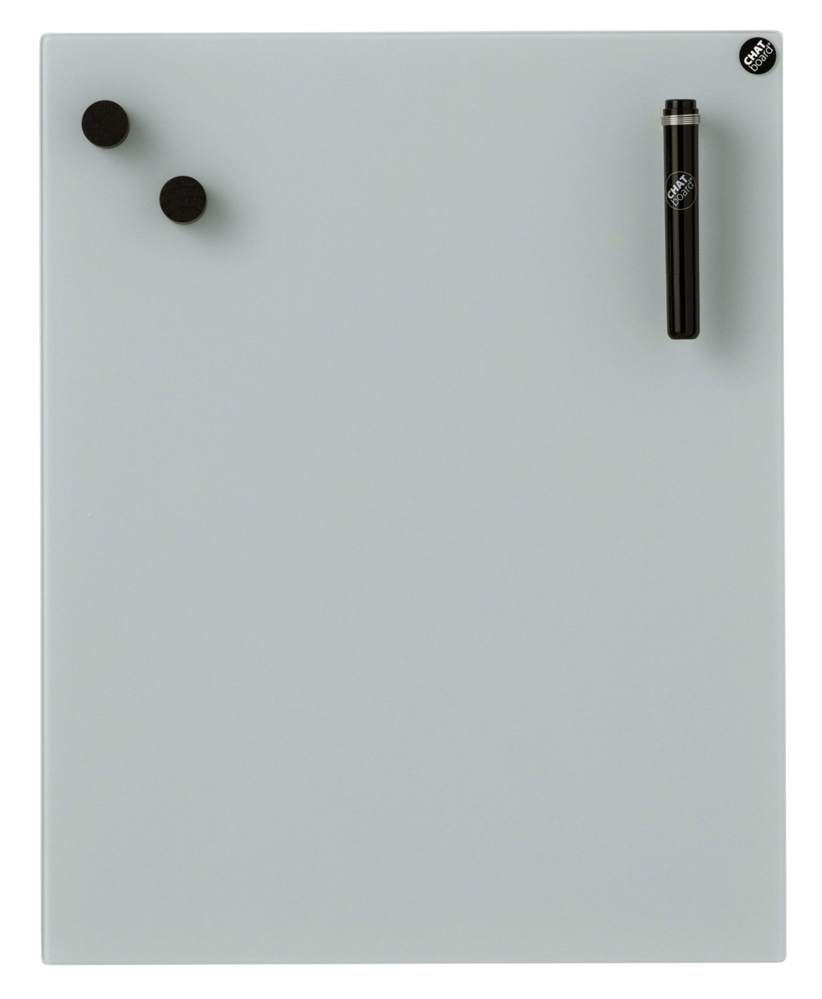 Chat Board Glastafel in Grau mit Magneten und Stift, magnetische Wandtafel für Büro.