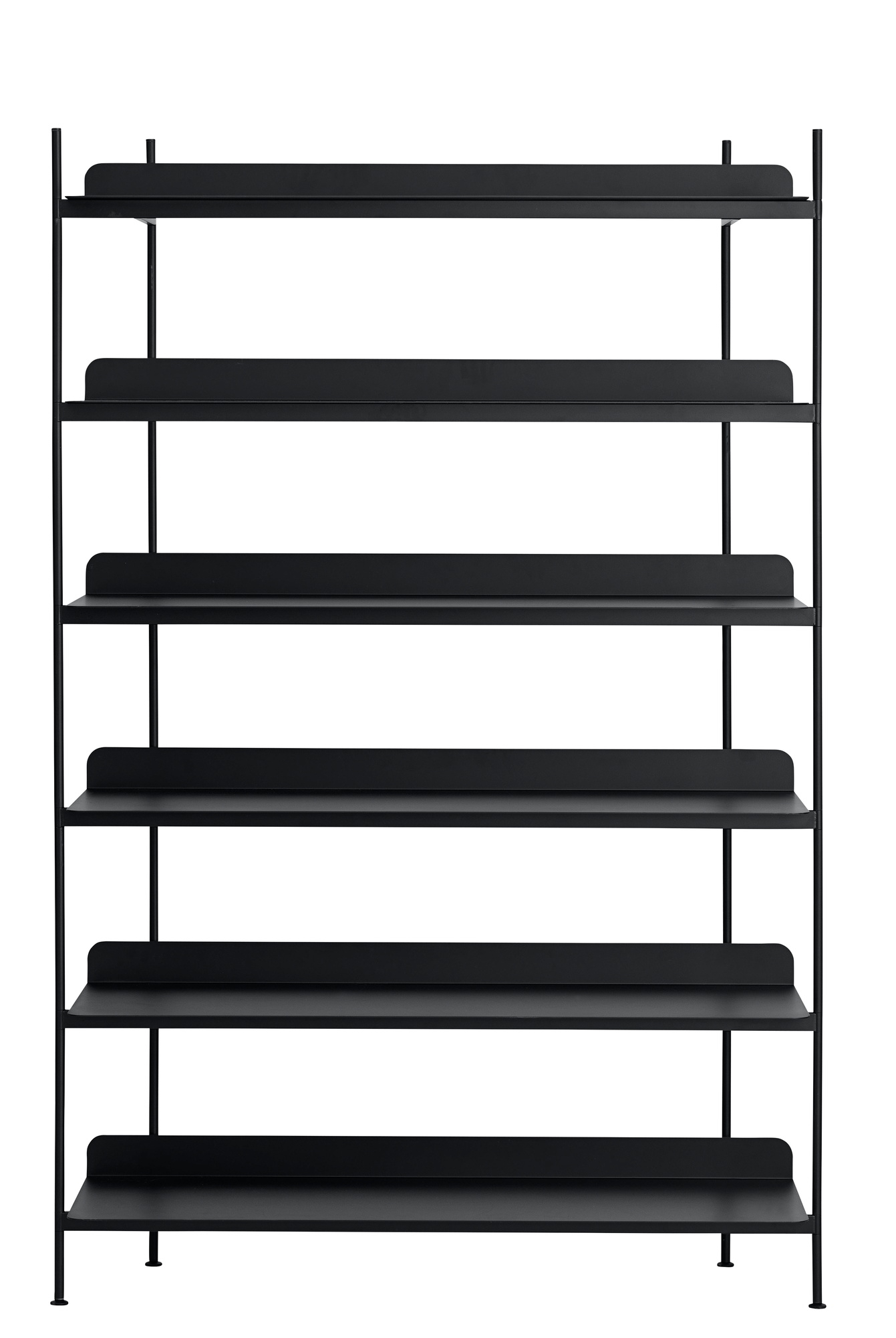 Schwarzes Muuto Compile Regalsystem mit sieben Regalböden und minimalistischem Design für Wohnzimmer oder Büro.