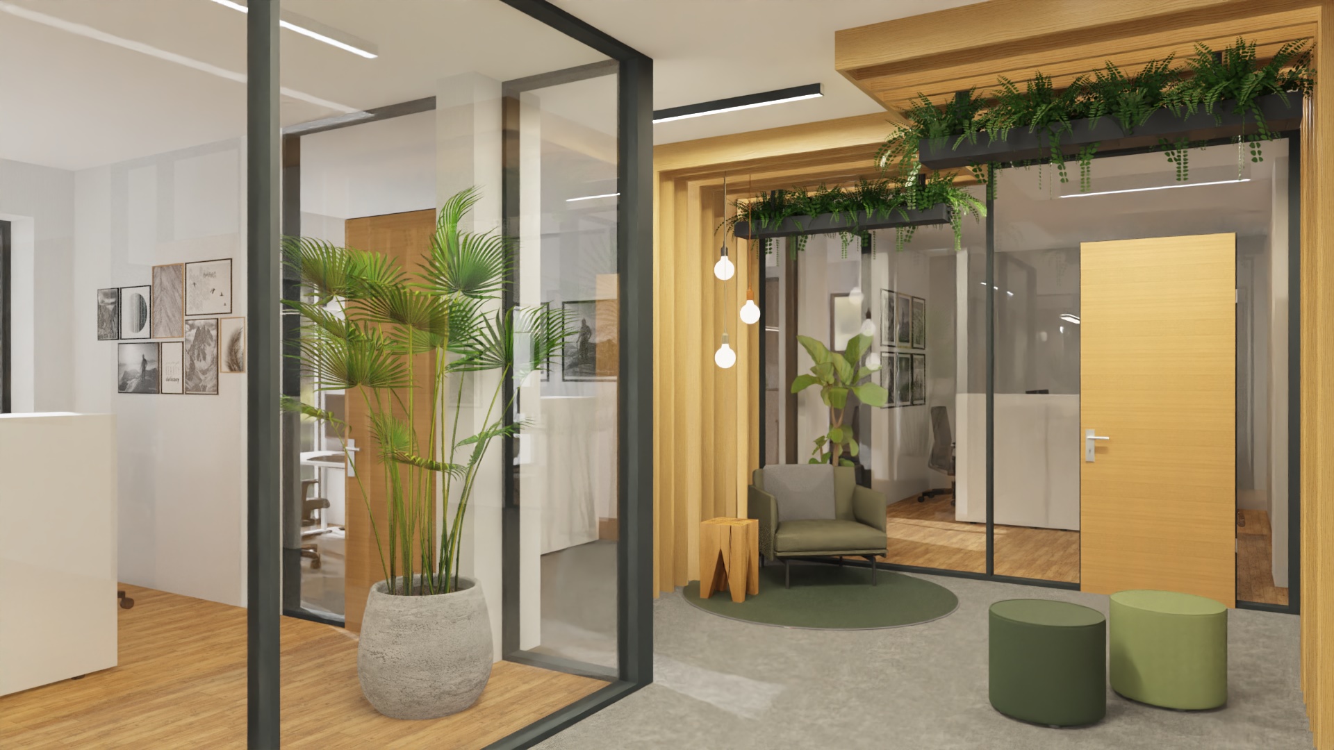 Modernes Bürodesign mit Pflanzen, Sessel, Holzhocker und Poufs in Grün- und Naturtönen für ein entspanntes Arbeitsumfeld.