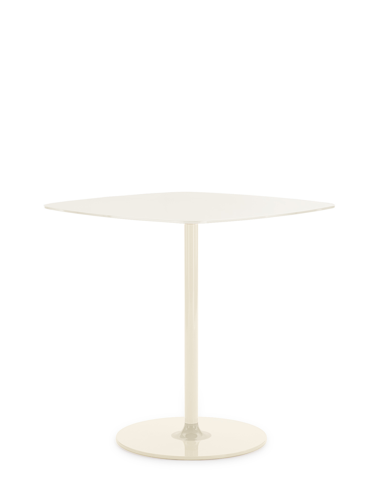 Weißer Thierry Bistrot Tisch von Kartell mit quadratischer Tischplatte und zentralem Standfuß.