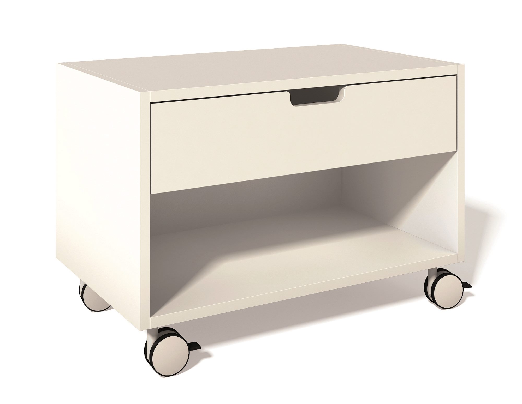 Weißer Müller Möbelwerkstätten Nachttisch mit Schublade, offenem Fach und Rollen. Modernes Design für Schlafzimmer.
