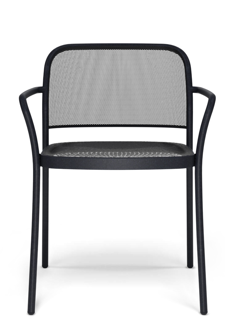 Schwarzer Cafè Armchair von Emu für den Außenbereich, moderner Metallstuhl mit Armlehnen und Netzstruktur.