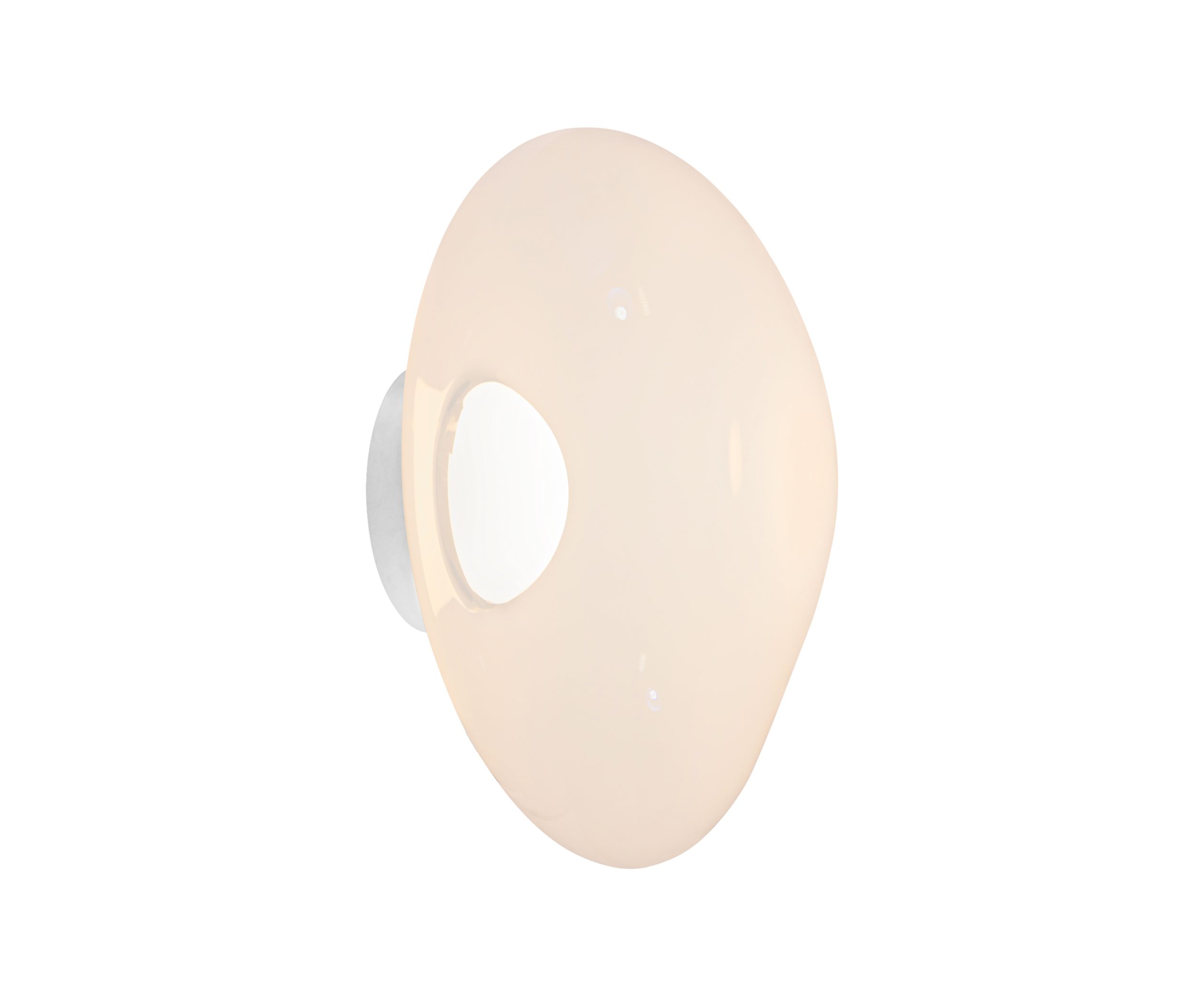 Nahaufnahme der Melt LED-Wandleuchte von Tom Dixon in Opal-Silber. Moderne Wandlampe für Innenräume.