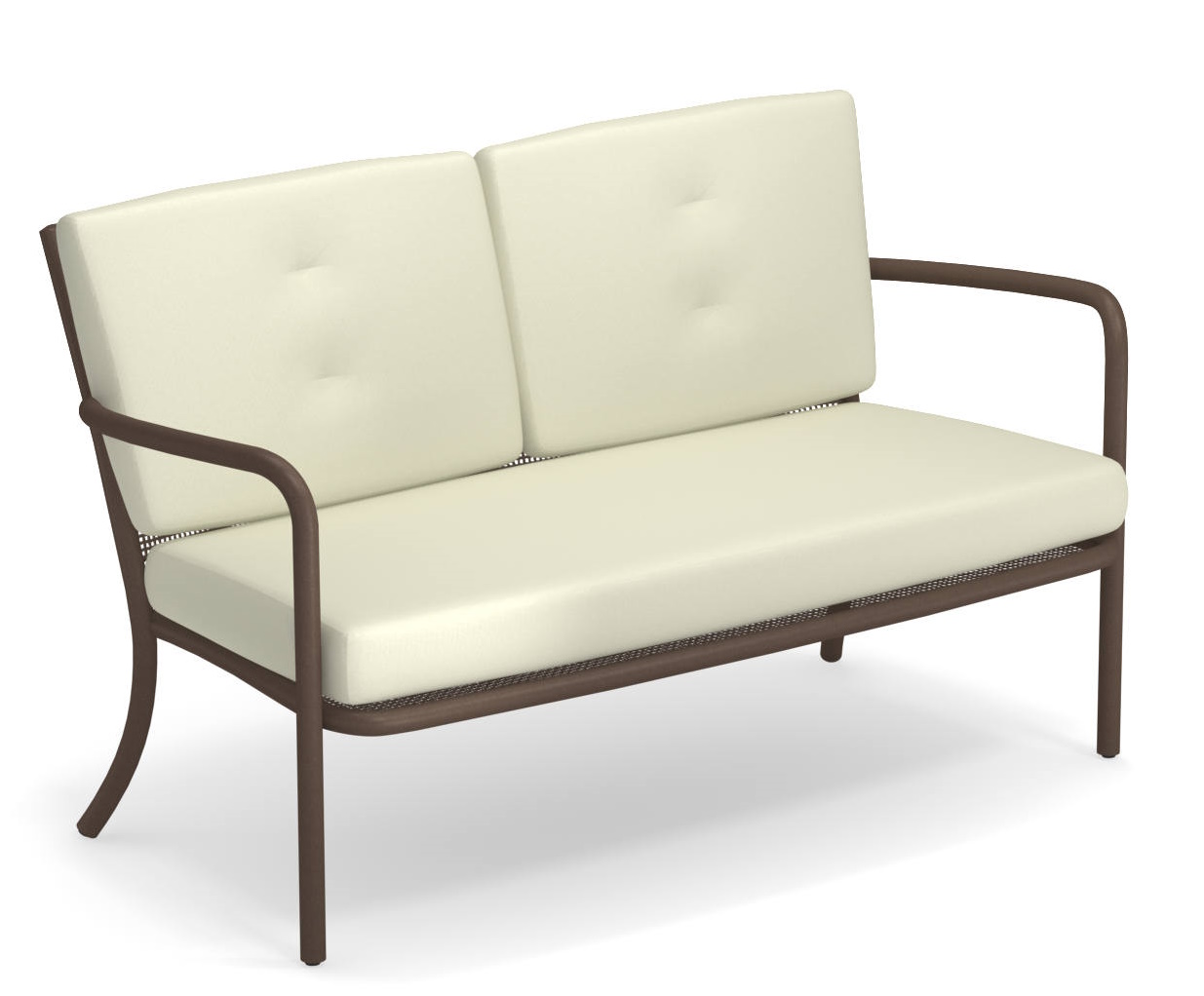 Athena 2-Sitzer Sofa von Emu für den Außenbereich, modernes Design mit cremefarbenen Polstern und braunem Metallrahmen.