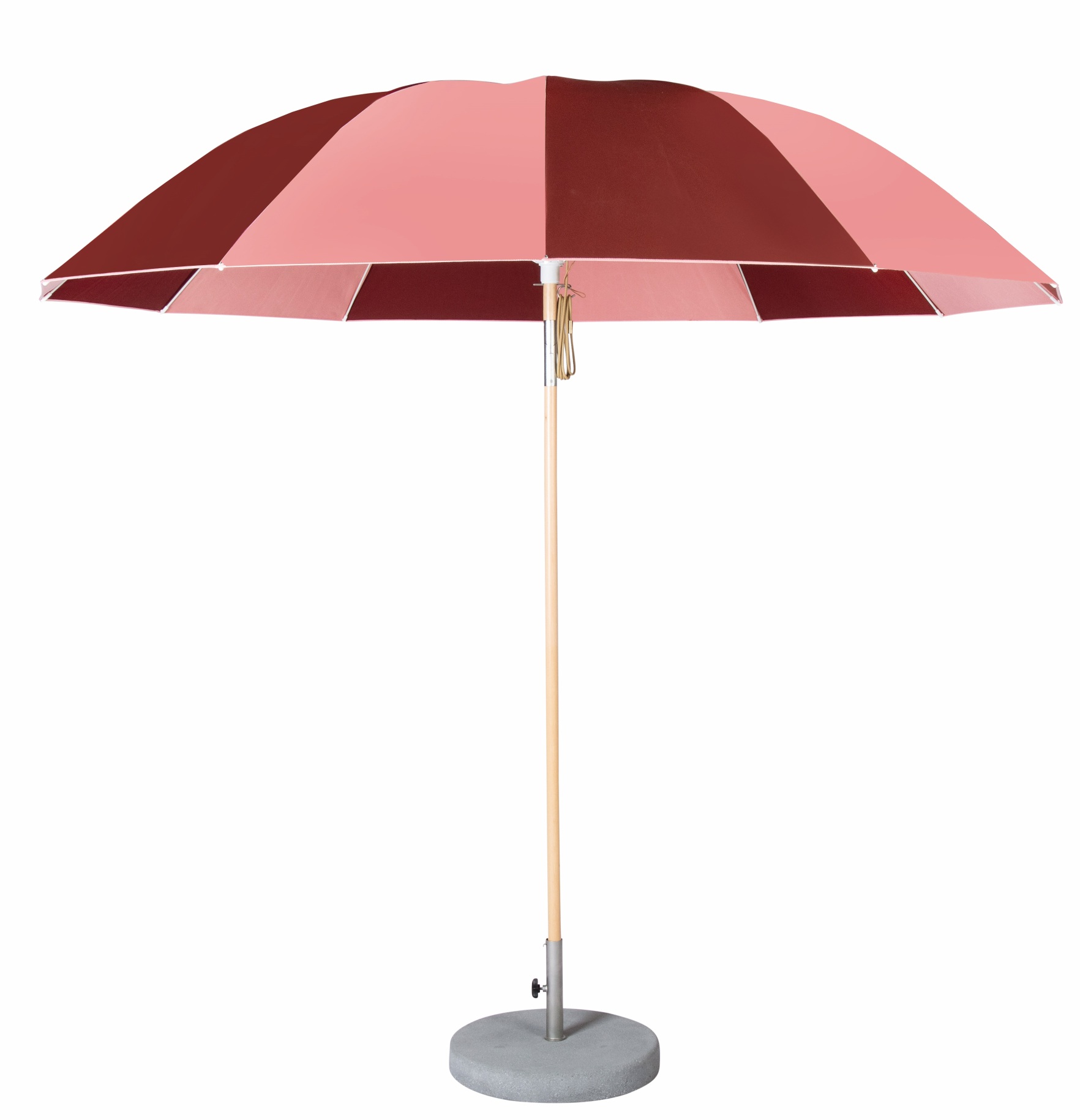 Weishäupl Pagodenschirm in Rosa und Bordeauxrot mit Holzstiel und grauem Betonsockel für den Garten.