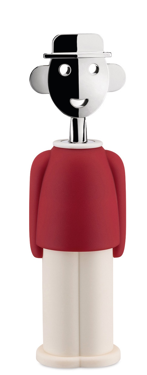Alessi Alessandro M. Korkenzieher in Rot und Weiß, lustiger Flaschenöffner in Form einer Figur.