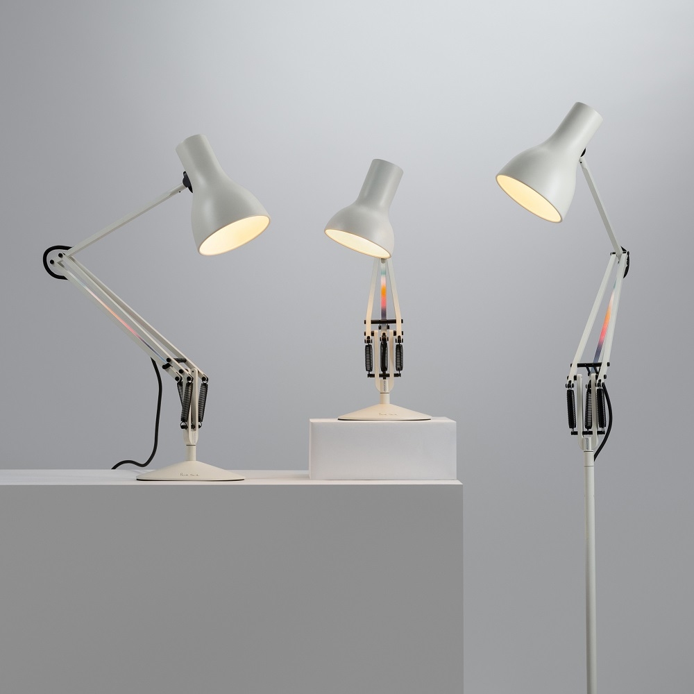 Drei Anglepoise Type 75 Paul Smith Edition Leuchten in Weiß: Tisch-, Steh- und Mini-Version.
