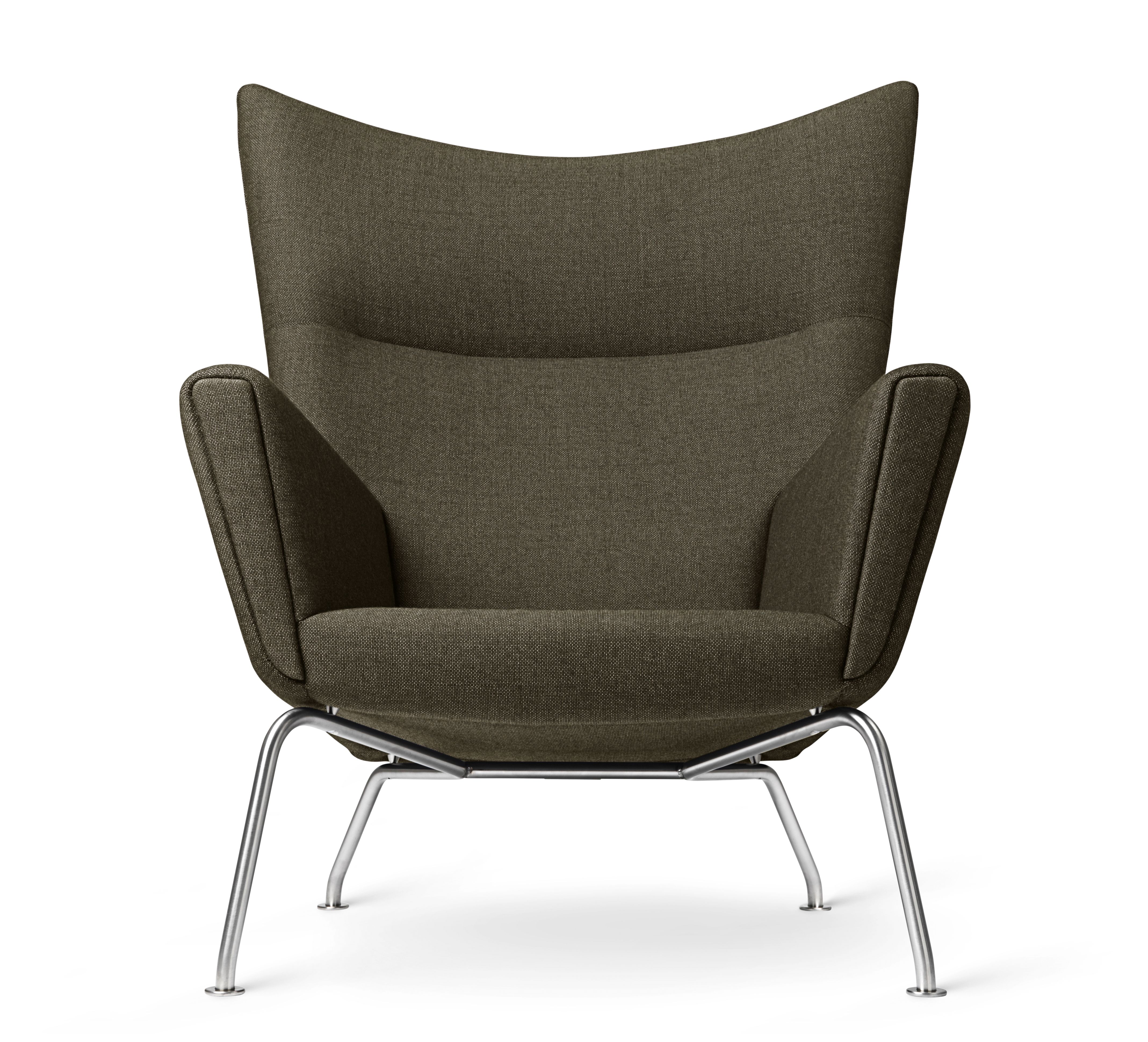CH445 Sessel von Carl Hansen & Søn, Wing Chair, brauner Stoffbezug und Stahlgestell.