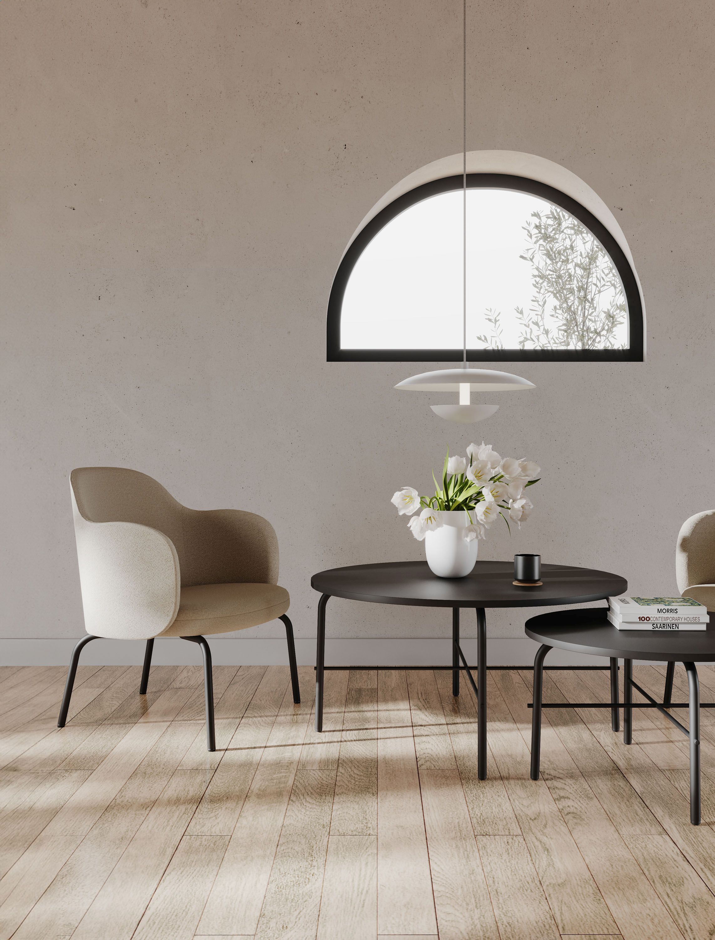 Moderner Wohnraum mit Bejot Couchtisch, Design-Sessel, minimalistischer Lampe und Blumen in heller, freundlicher Atmosphäre.