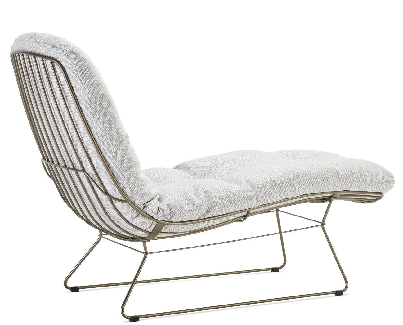 Leyasol Sonnenliege von Freifrau Manufaktur, Indoor und Outdoor geeignet, mit weißem Stoffbezug und filigranem Metallgestell.