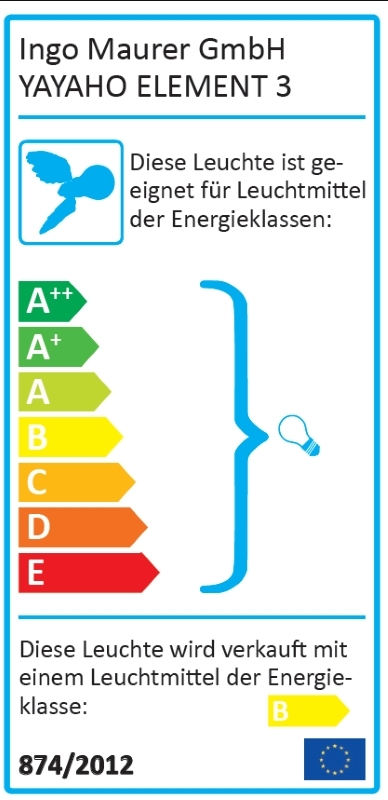 Energieeffizienzlabel der Ingo Maurer YAYAHo Element 3 Leuchte mit Energieklassen von A++ bis E.
