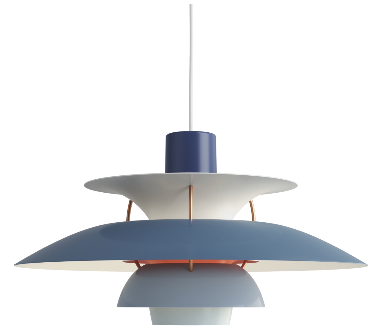 Blaue PH 5 Pendelleuchte von Louis Poulsen, Design-Klassiker für stilvolle Beleuchtung im Wohnraum.