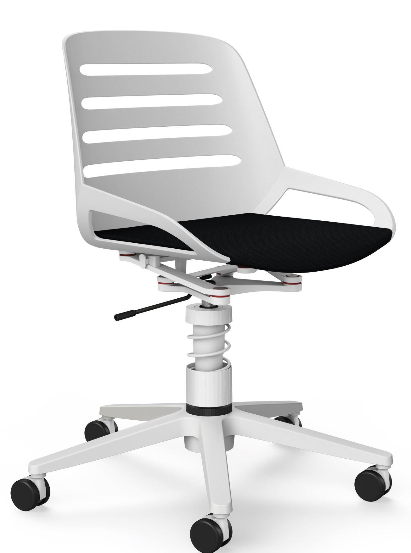 Numo Drehstuhl von Aeris, weiß mit schwarzem Sitz, ergonomischer Bürostuhl mit Rollen und Federbein.