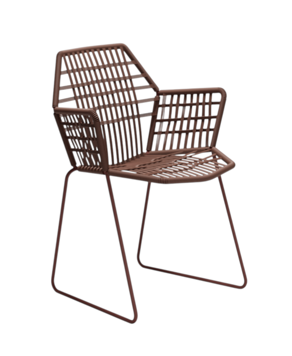 Tropicalia TR1 Armchair Outdoor Armlehnenstuhl von Moroso, brauner Rattansessel mit Armlehnen und Stahlgestell für den Garten.