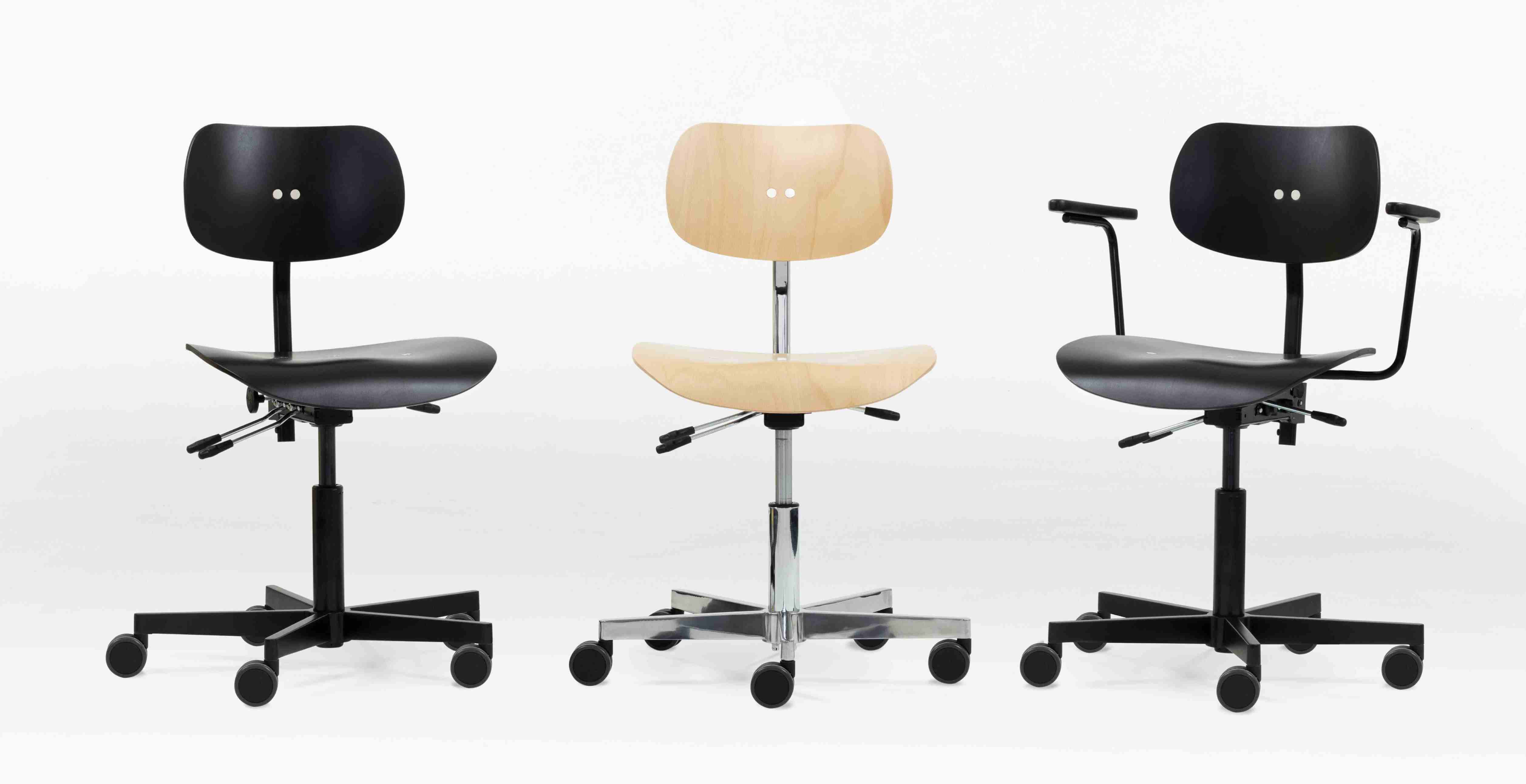 S 197 R20 Drehstuhl von Wilde+Spieth in verschiedenen Ausführungen: Holz, Schwarz und mit Armlehnen. Ergonomischer Bürostuhl.