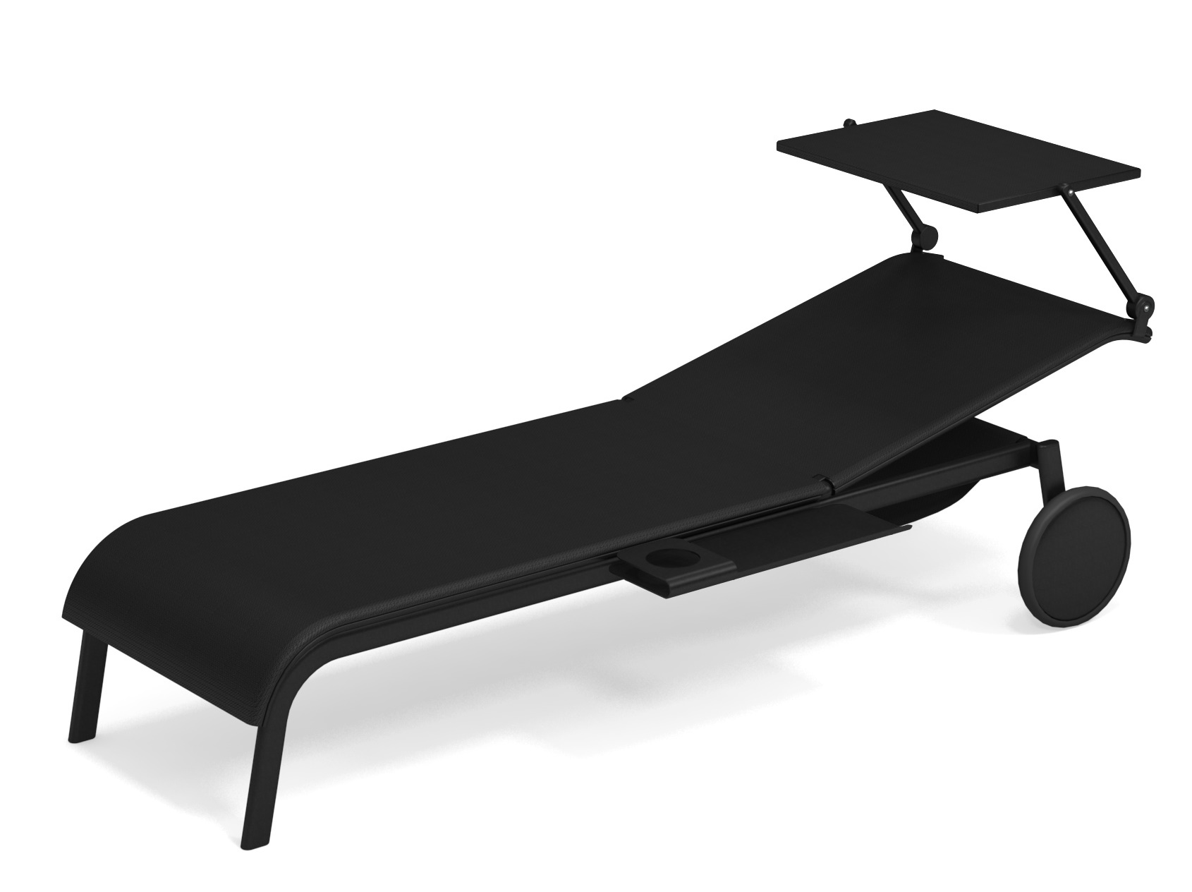 Schwarze Tiki Gartenliege von Emu, stapelbar, mit Sonnendach und Getränkehalter für den stilvollen Outdoor-Bereich.