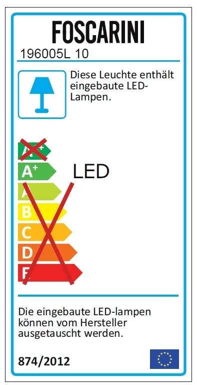 Energielabel der Foscarini Bahia Wandleuchte mit Informationen zur Energieeffizienzklasse und LED-Technologie.
