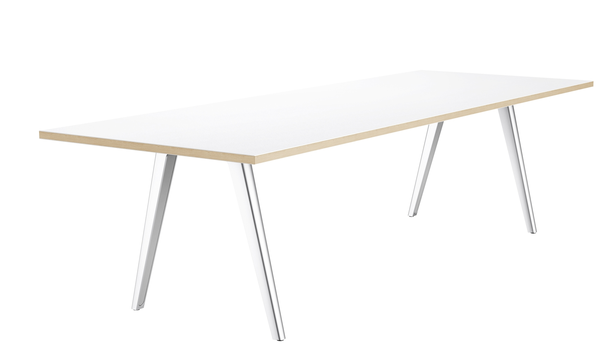 Weißer 1500 Tisch mit hellen Holzdetails und silbernen Beinen. Moderner Bürotisch für Konferenzraum.