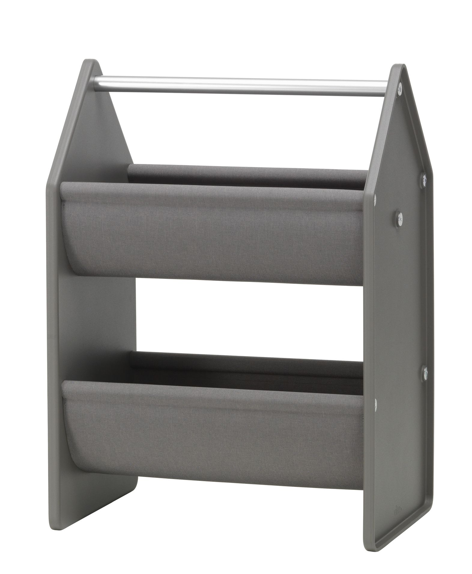 Graue Vitra Drop Box Aufbewahrungsbox mit zwei Stoffbehältern und einem silbernen Griff für Kinderzimmer.
