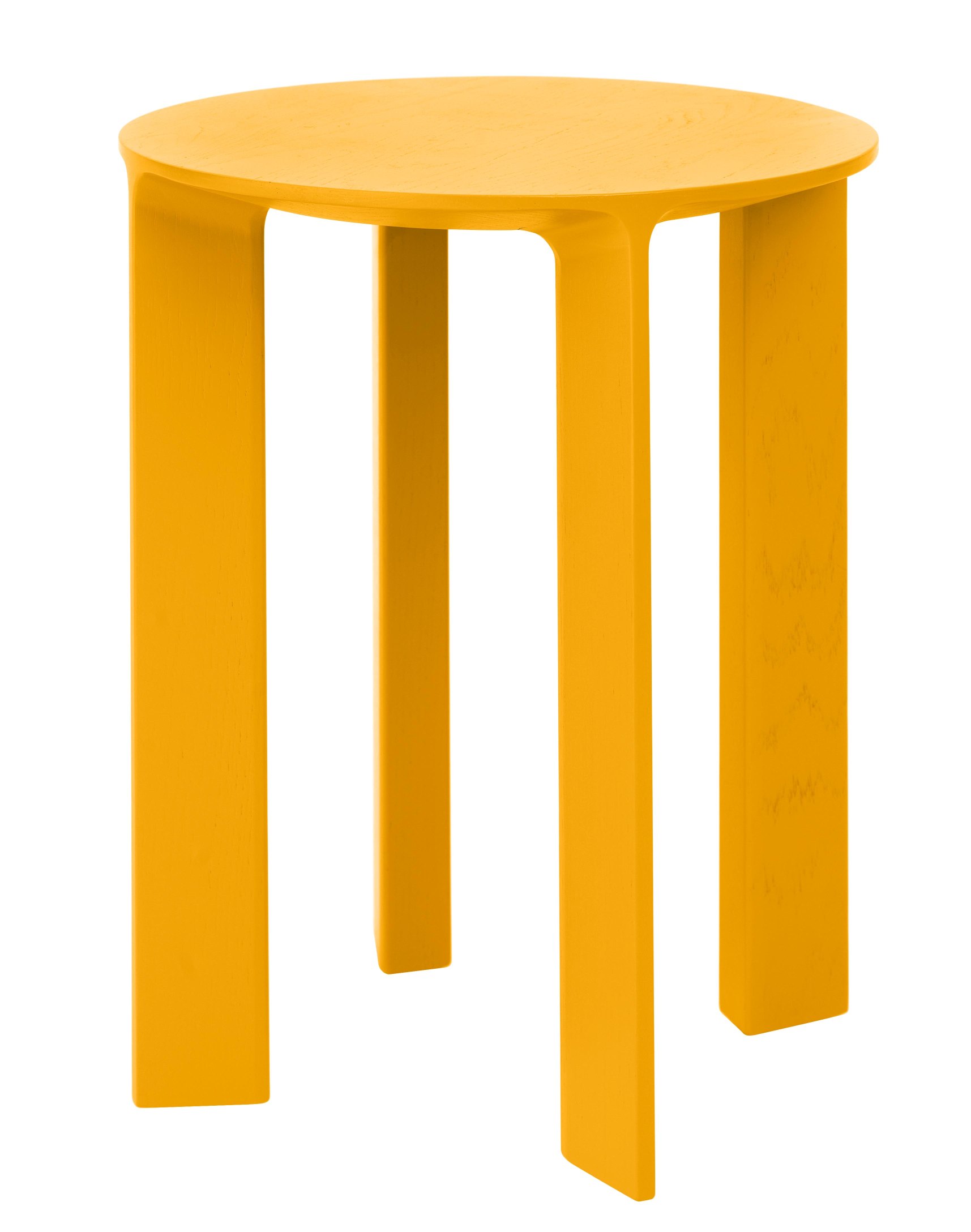Gelber Hans Hocker von Schönbuch, runder Beistelltisch aus Holz mit drei Beinen, modernes Möbeldesign.