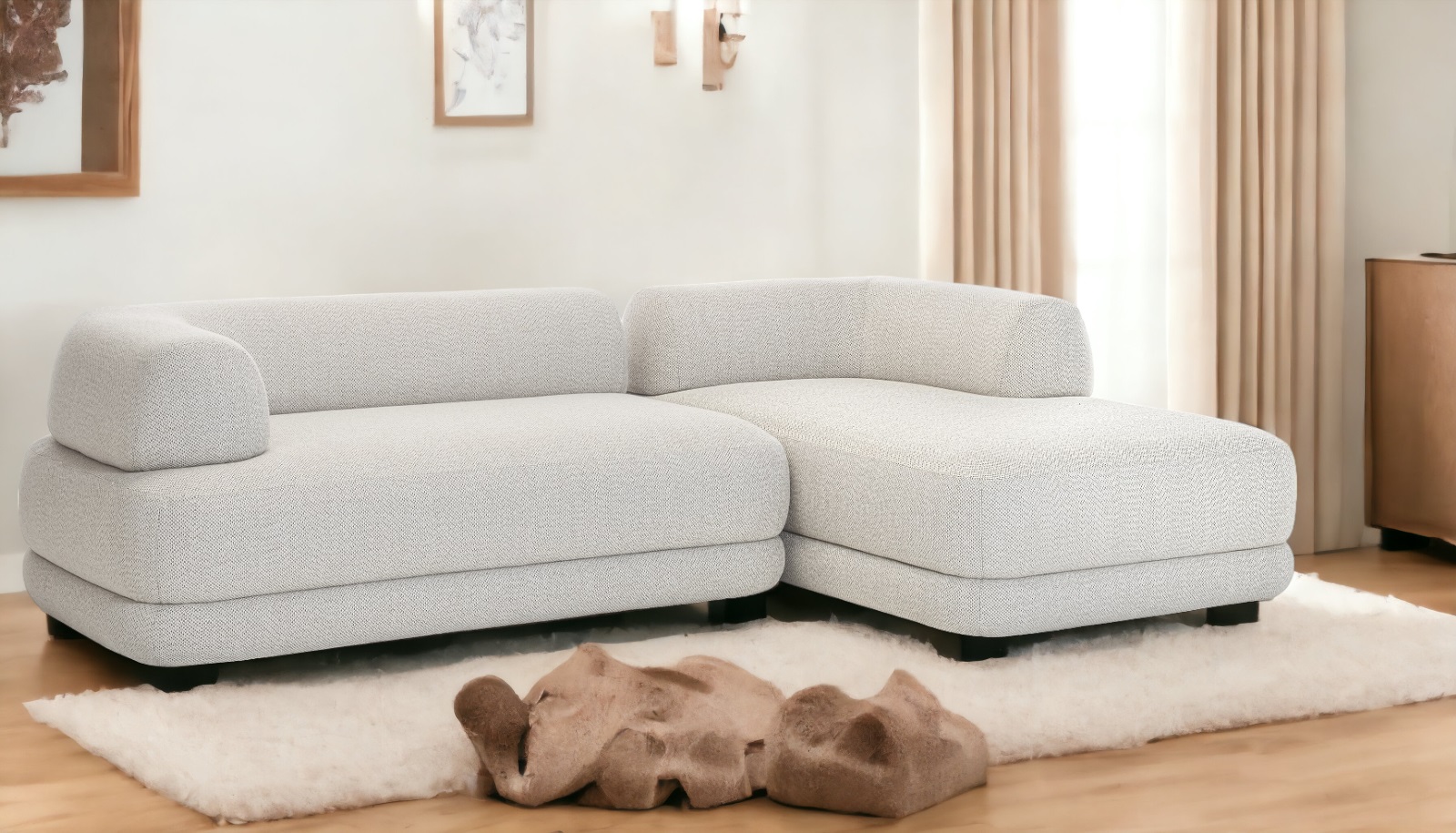 Helle Bumper Sofa Kombination von Zanotta, modernes Ecksofa mit weichem Stoffbezug im Wohnzimmer.