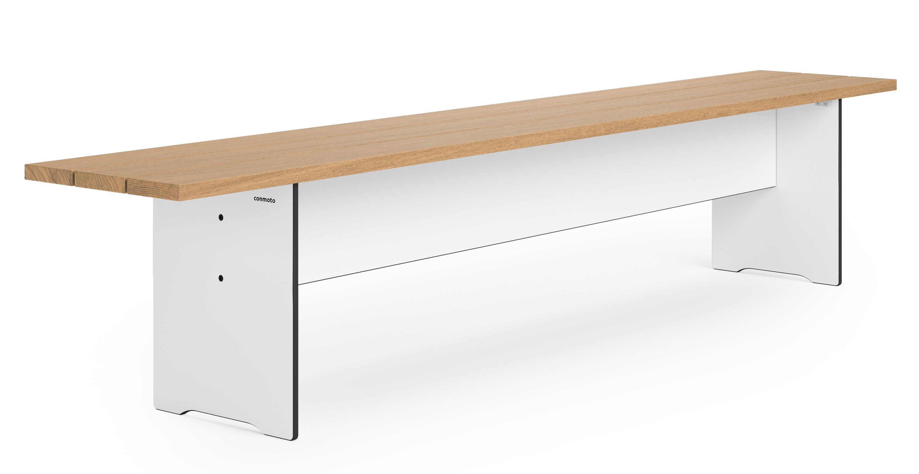 Riva Vario Bank von Conmoto für den Außenbereich, Holzauflage und weiße Seitenteile.
