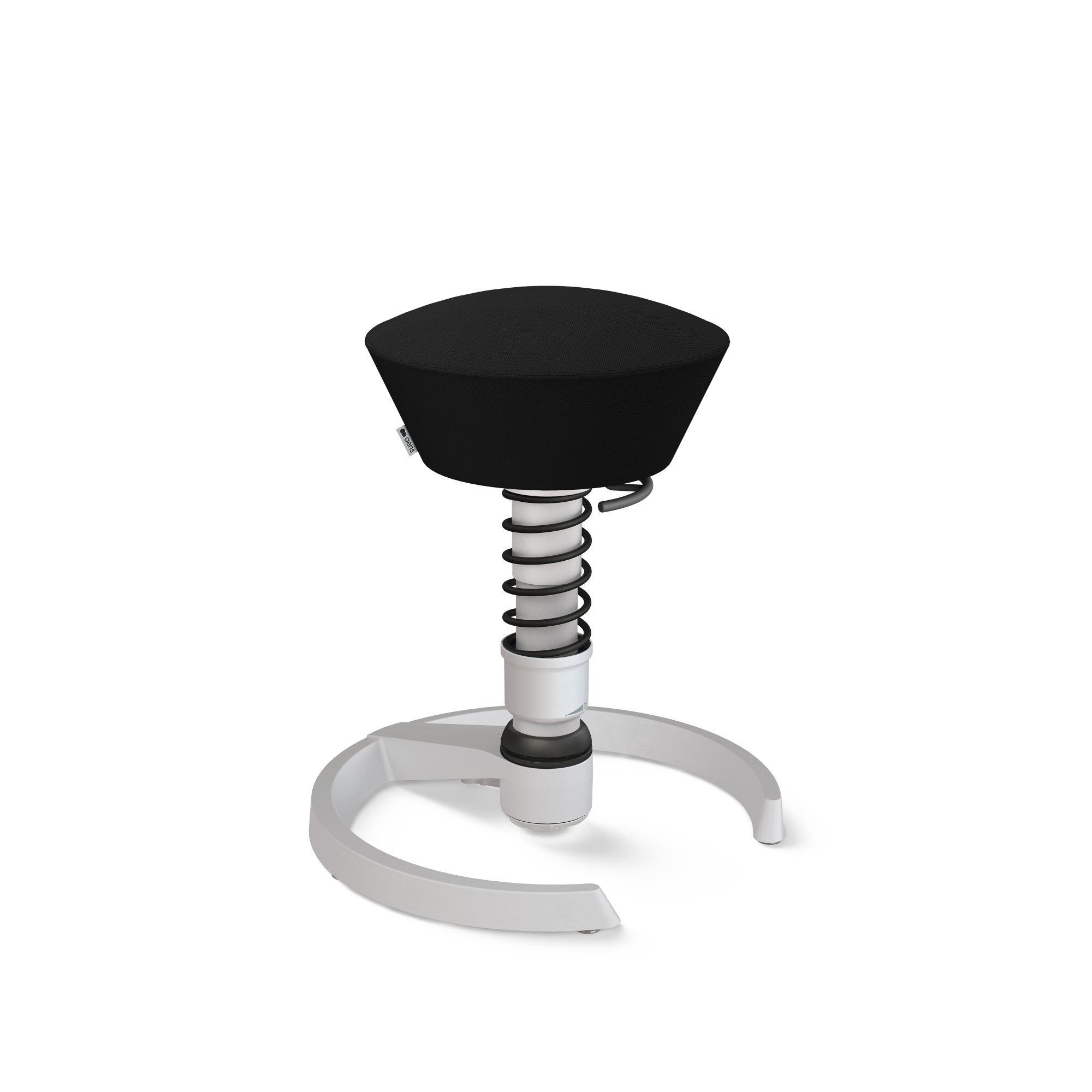 Aktiv-Sitzhocker mit schwarzem Bezug und weißem Fußkreuz für ergonomisches Sitzen im Büro.