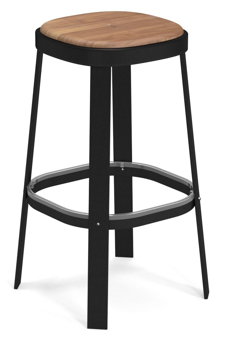 Thor Barstool Barhocker Outdoor Emu mit schwarzem Metallgestell und Sitzfläche aus hellem Holz.