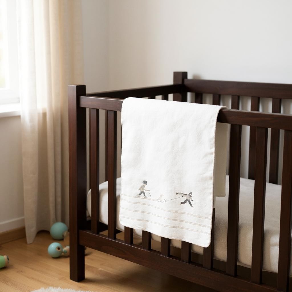 Weiße Babydecke mit Hundeschlitten-Motiv über einem dunklen Holz-Kinderbett, ideal als Kuscheldecke und Geschenk.