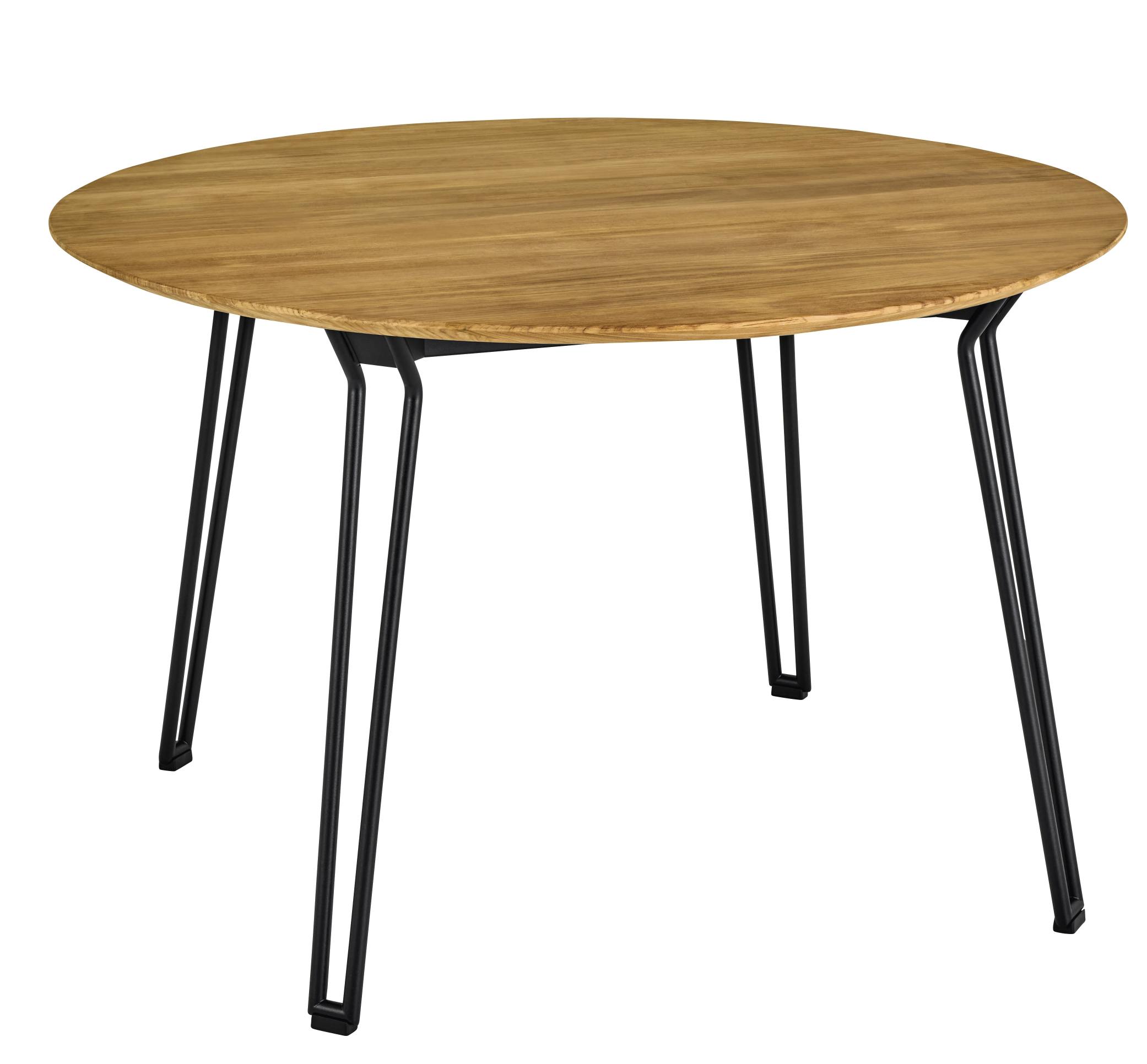 Slope Tisch von Weishäupl: Runder Esstisch für den Außenbereich mit Holzplatte und schwarzen Metallbeinen.
