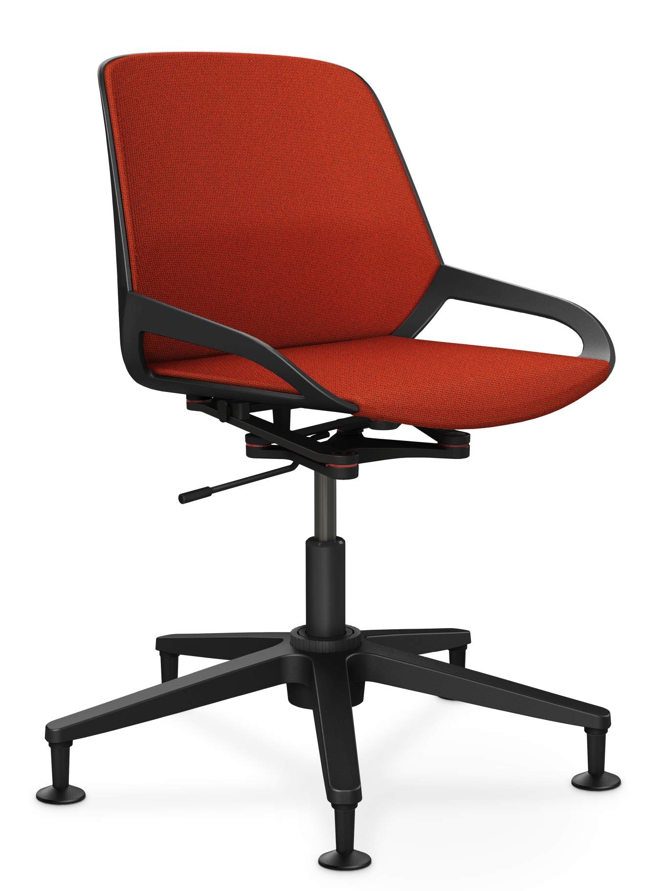 Numo Task Bürodrehstuhl Aeris mit rotem Stoffbezug, schwarzem Gestell und Gleitern. Ergonomischer Arbeitsstuhl.