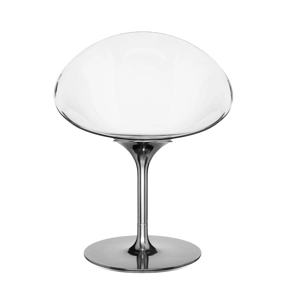 Ero/S Drehstuhl von Kartell, moderner Design Stuhl mit transparenter Sitzschale und verchromtem Fuß.