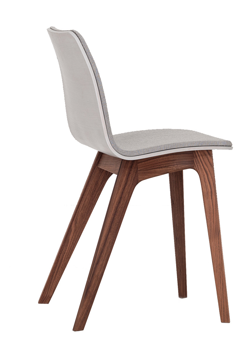 Morph Holzstuhl mit Sitzpolster Zeitraum, Ansicht von der Seite, Holzbeine und grauer Stoffbezug.