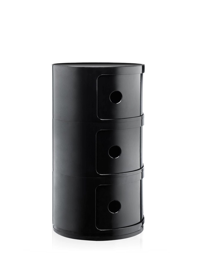 Schwarzes Componibili 3er Element von Kartell: Moderner, runder Nachttisch mit drei Fächern und runden Griffen.