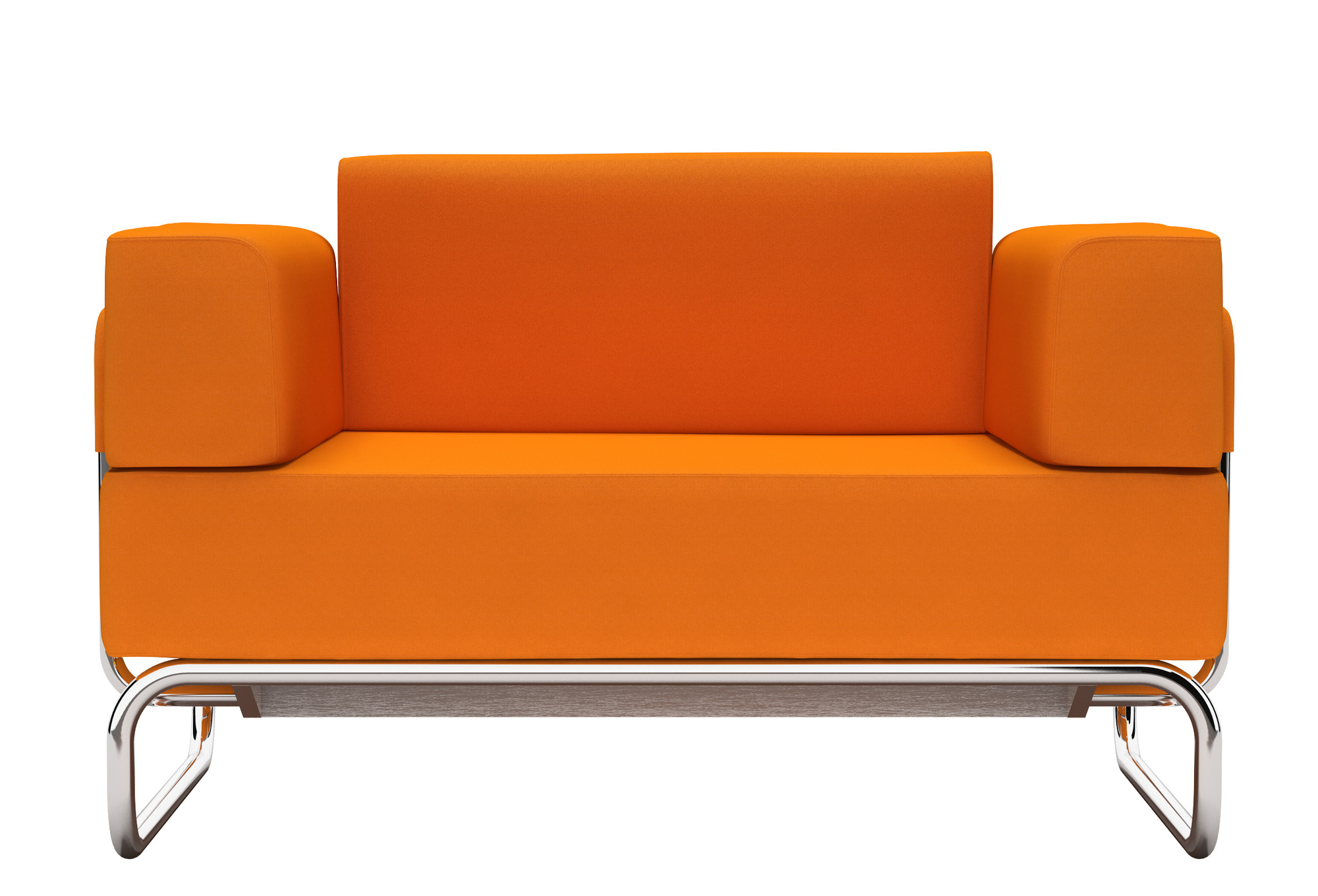 Oranger Sessel im Thonet-Stil mit Stahlrohrgestell, Frontansicht. Moderner Designklassiker für Wohnzimmer und Büro.