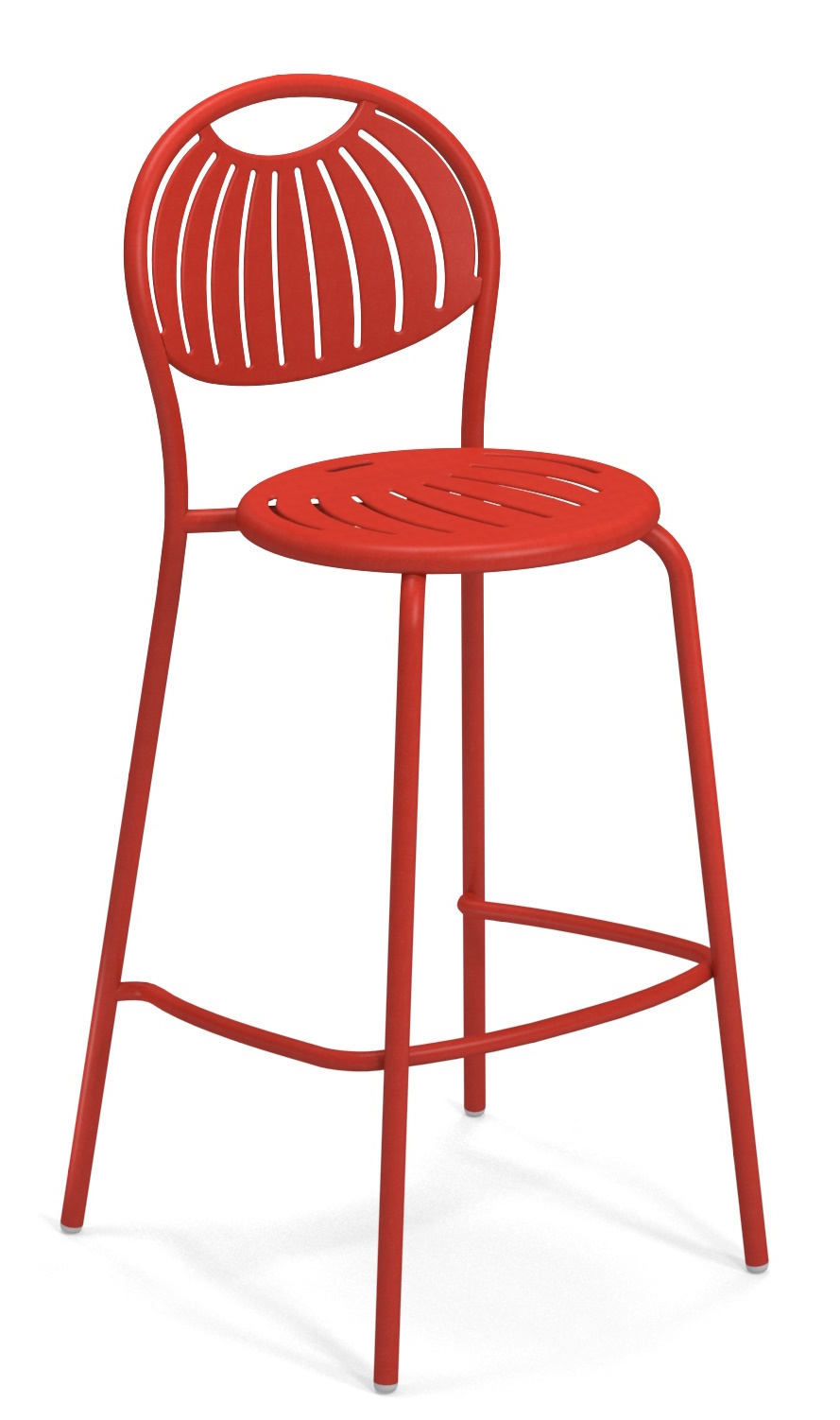 Roter Coupole Barstool Barhocker von Emu für den Außenbereich, modernes Design mit Rückenlehne und Fußstütze.