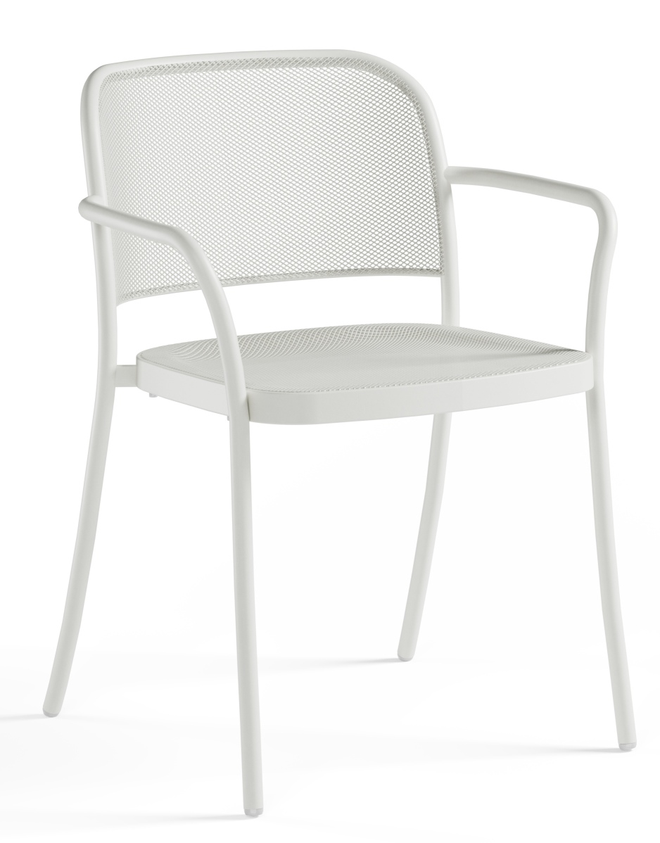 Weißer Cafè Armchair Armlehnstuhl von Emu für den Außenbereich, modernes Design mit feinem Metallgitter.